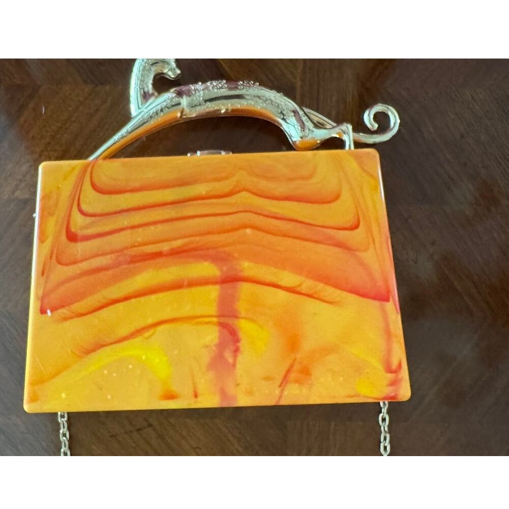 Orange Marbled Panther Handle Box Clutch Minaudiere Chain Purse - Picture 11 of 12